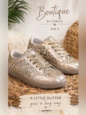 Boutique Gold Glitter Sneakers Lace Up Casual Shoes Corkys Style Womens Size 9